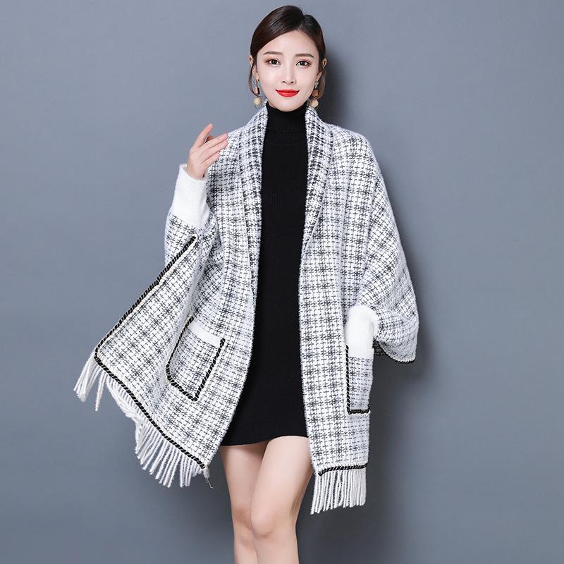 

Autumn/winter Cardigan Woman Sweaters Faux Mink Houndstooth Cape Lady England Fashion Tassel Shawl Women Nice Knitted Tops Scarf, Black