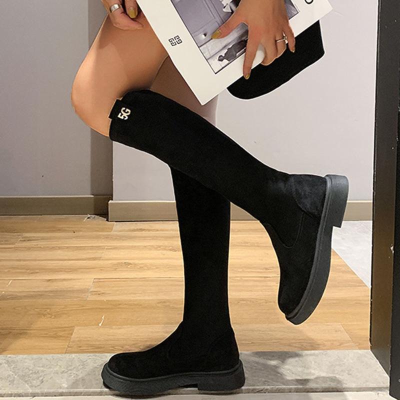 

SAGACE Winter over the knee snow boots women's fashion leather 5G one foot suede long boots round head sexy flat high heel, Black
