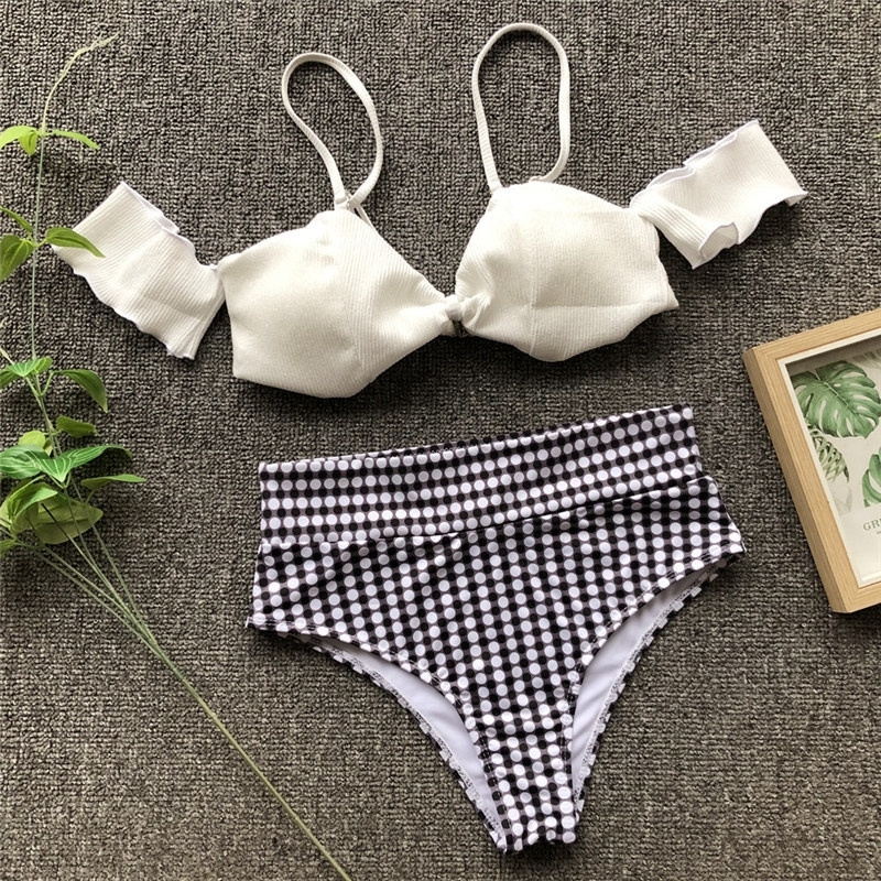 

Sexy Retro Black White Plaid Bandeau Ribbed High Waist Bikini Set Off Shoulder Swimsuit Women Swimwear Beach Wear Bath Suit Y200319, High waist checkered