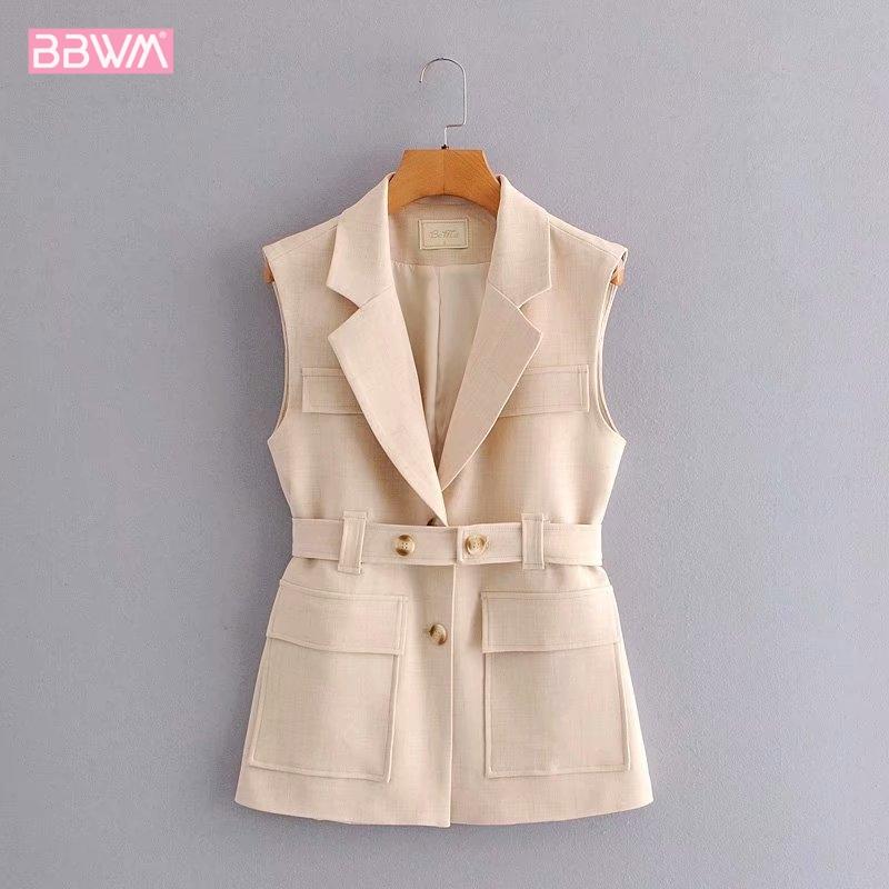 

Korean Style Casual Lapel Sleeveless Pocket with Belt Chic Female Coat Harajuku Fashion Single-breasted Women' Jacket, Beige