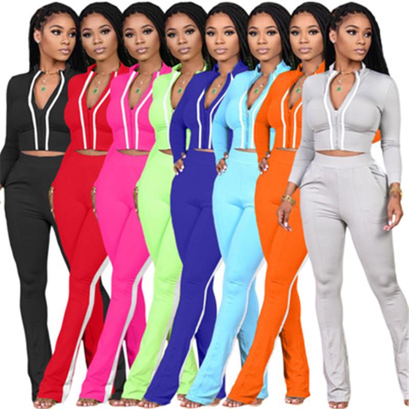 

Ladies Solid Color Navel Sets Fashion Trend Long Sleeve Zipper Tops Elastic Waist Pants Suits Designer Female New Casual Slim Two Piece Sets