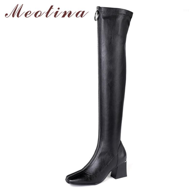 

Meotina Autumn Thigh High Boots Women Genuine Leather Thick High Heel Over The Knee Boots Slim Zip Square Toe Shoes Lady Winter1, Black ynthetic lini