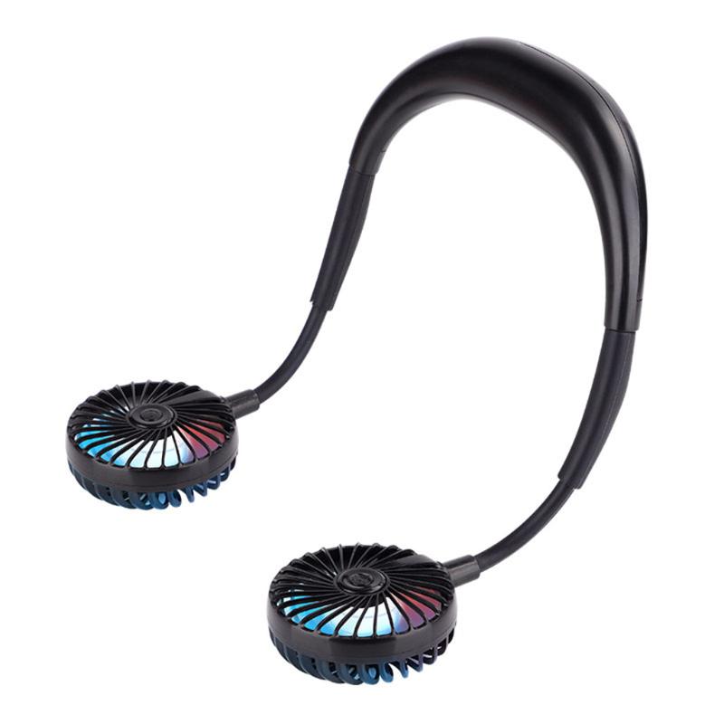 

38# Led Light Rechargeable Neckband Lazy Neck Fans Hanging Style Dual Cooling Fan Personal Desk Adjustable Neckband Bladeless
