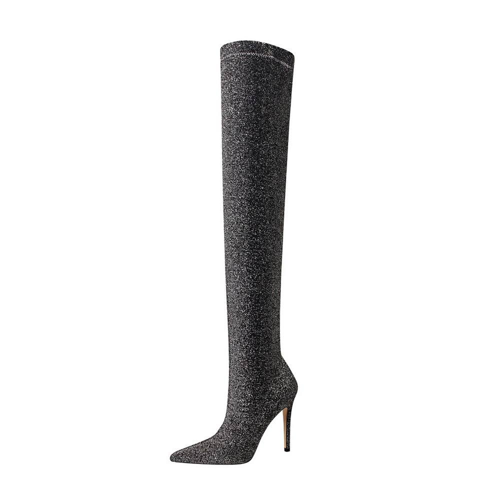 

Meriahzheng Fashion Shining Sequined Stretch Cloth Sexy Nightclub Slim Pointed Knee High Heel Boots DS-125-2, Black