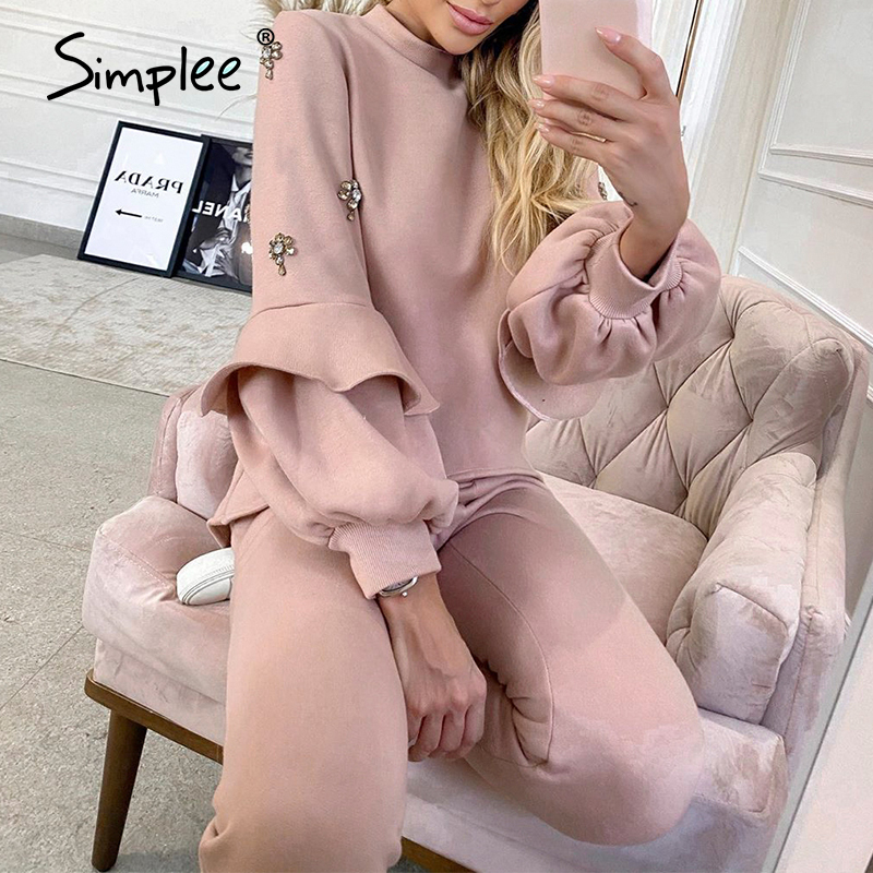 

Simplee Casual solid lantern sleeves suit set O-neck faux jewels cuffs falbala women set Home soft autumn winter two piece set 201119, S20ju7651
