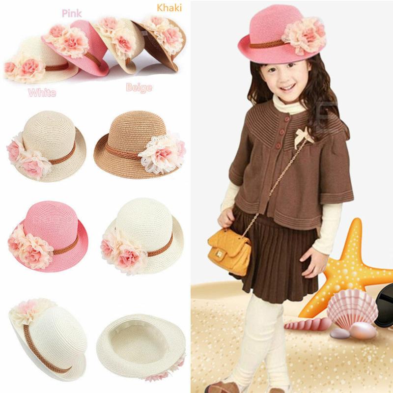 

Emmababy Kids Girls Hat Flower Beach Princess Sun Hat Wide Brim Floppy Cap Kids Girls Summer Holiday Cap, White