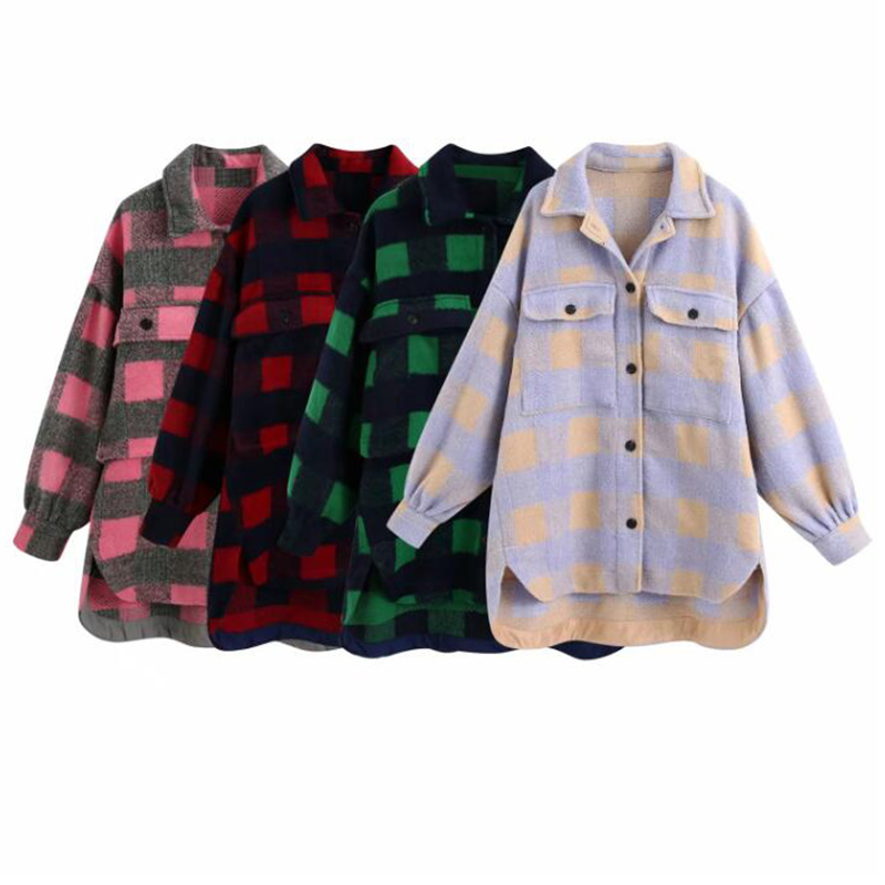 

Women 2020 Fashion Overshirts Oversized Checked Woolen Jacket Coat Vintage Pocket Asymmetric Female Outerwear Chic Tops, As picture