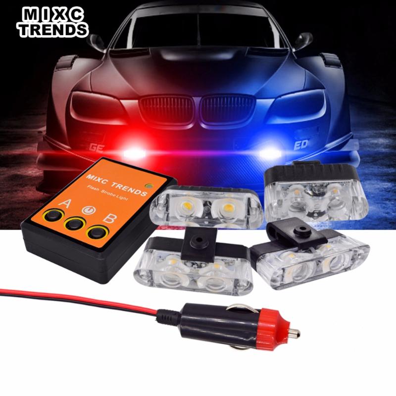 

4Pcs 12V LED Emergency Flashing Lights Red Blue Amber Car Strobe Light Kit With Flasher Controller Cigarette lighter Plug, As pic