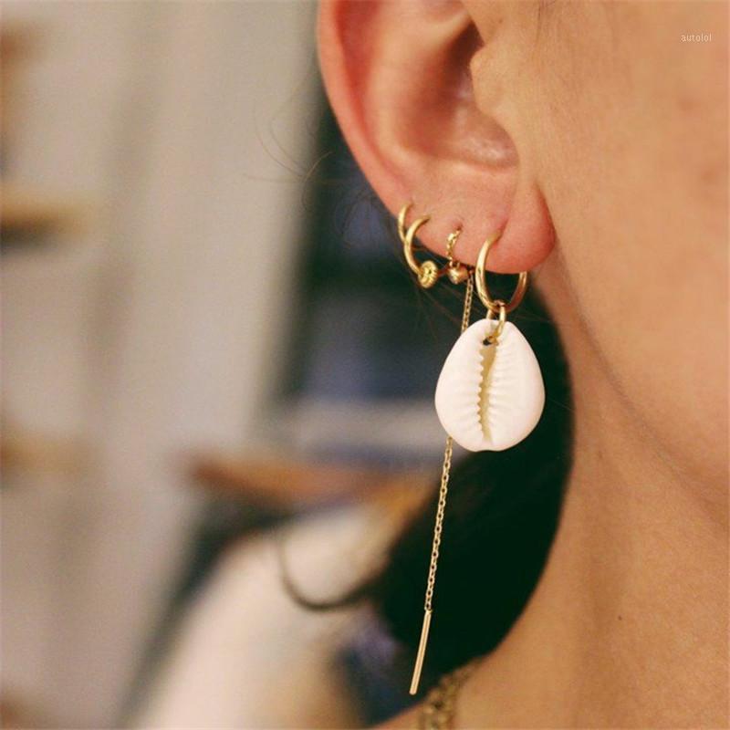 

4PCS/Set Bohemian Natural White Shell Tassel Hoop Earrings Women Glossy Gold Color Small Circle Beach Conch Earring Jewelry E1811