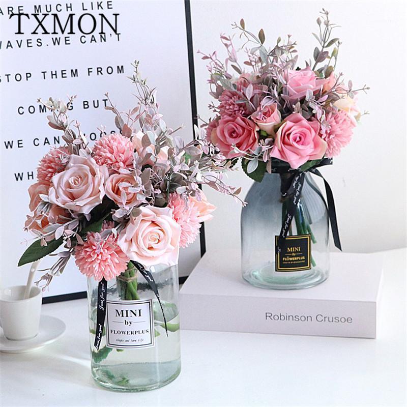 

Simulation fake silk plastic flower rose peony hydrangea pink flower bouquet new wedding flowers living room floral decoration1