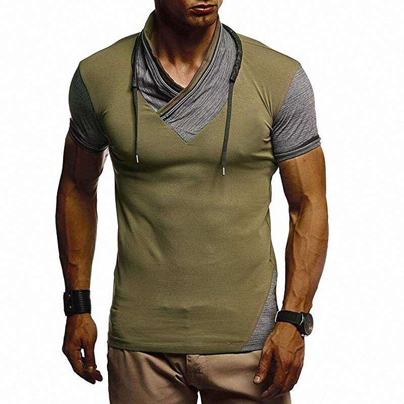 T-shirt Hommes Color Block Col Couture Casual Cordon District District District Cordon Court Sleeve Tops léger Mode Big et Tall Armée Blanche Ver