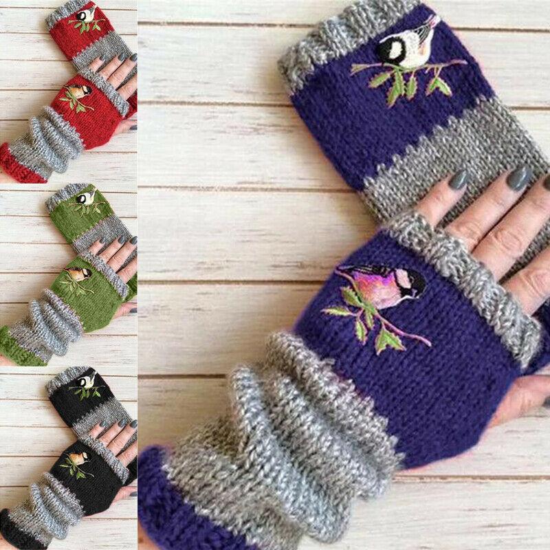 

Five Fingers Gloves 2021 Winter Warm Female Long Fashion Stitching Embroidered Women Fingerless Knitted Women's