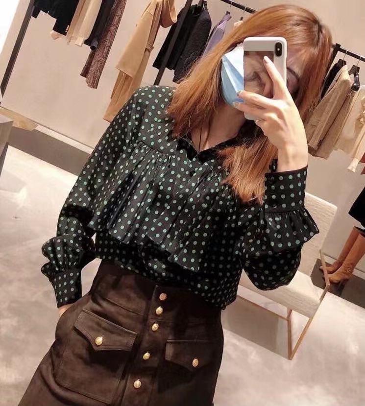 

2021 Female Spring Blouse Fashion Green Dot Printed Single Breasted Long Sleeve Elegant Ladies Silk Tops Clothes Knjg, The photo