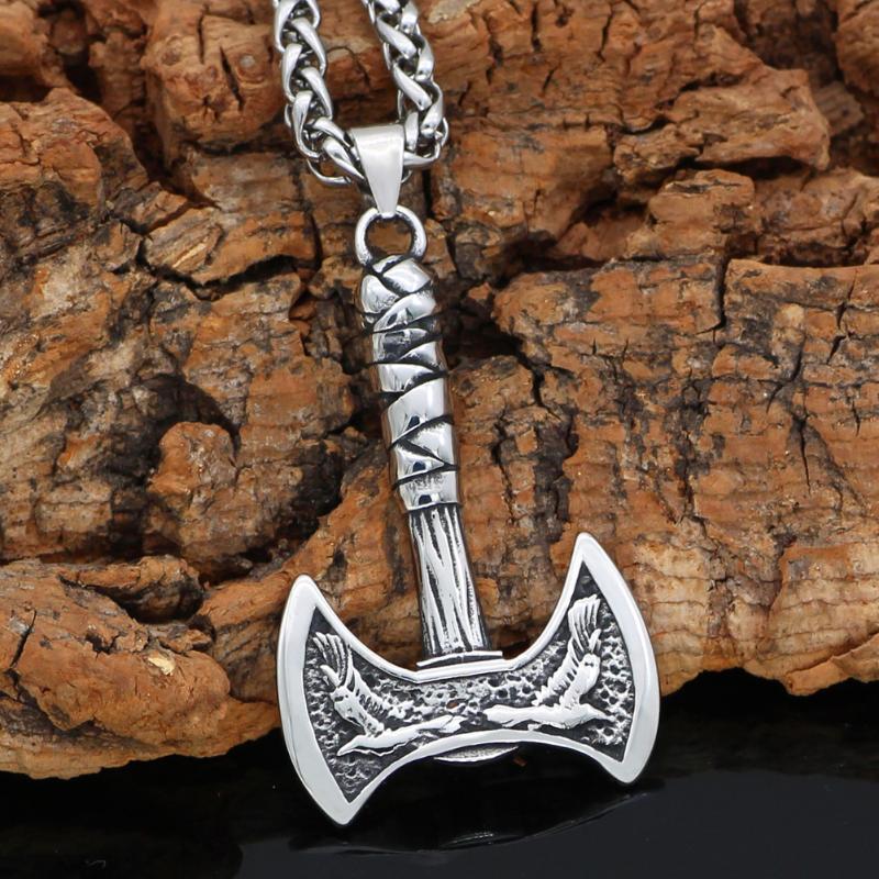 

Nordic viking Raven Axe Stainlee Steel amulet Talisman Pendant necklace with viking gift bag