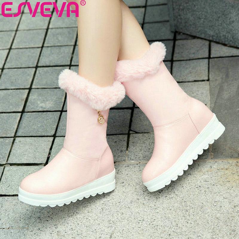 

ESVEVA 2020 Woman Snow Boots Slip on Ankle Boots Shoes Wedges High Heels Autumn Ladies Shoes Platform 3cm Round Toe Size 34-43, Black