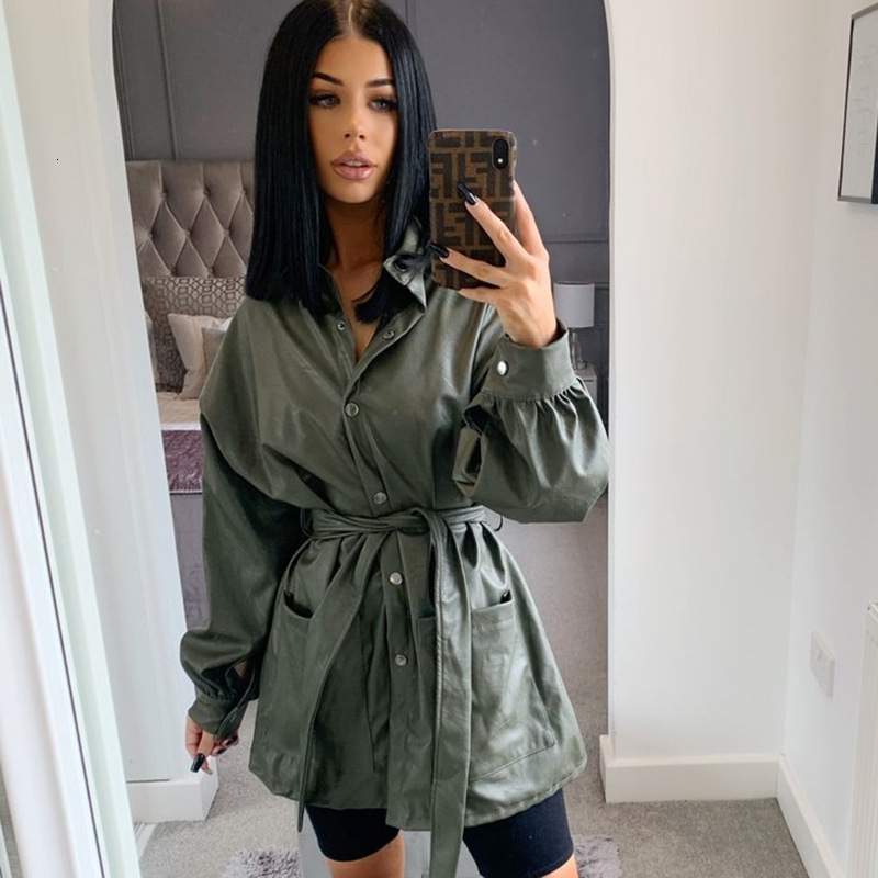 

2021 New Female Solid Length Total Turn-down Collar Sleeves Unique Breasted Plutonium Jacket Streetwear Tracks 71OS, Army green.