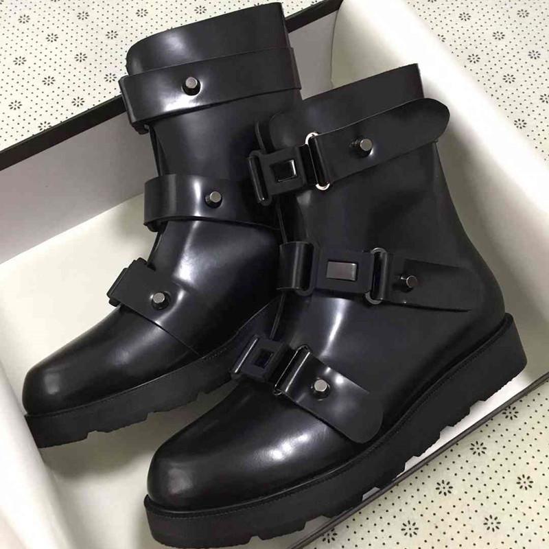 

New Cow Leather Buckle Short Boot Womens Black Round Toe Flats Booties Designer Women Shoes Zapatos De Mujer 20201, As picture