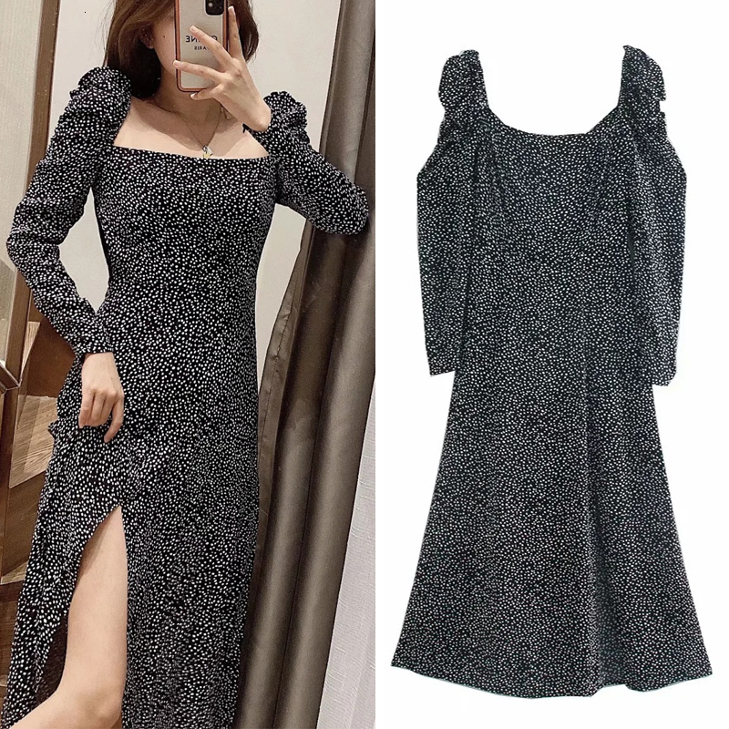 

2021 New Autumn Dotted Black Women Fashion Hem Side Vent Square Neck Long Puff Sleeve Midi Dress Ladies Retro Dres Jfm1