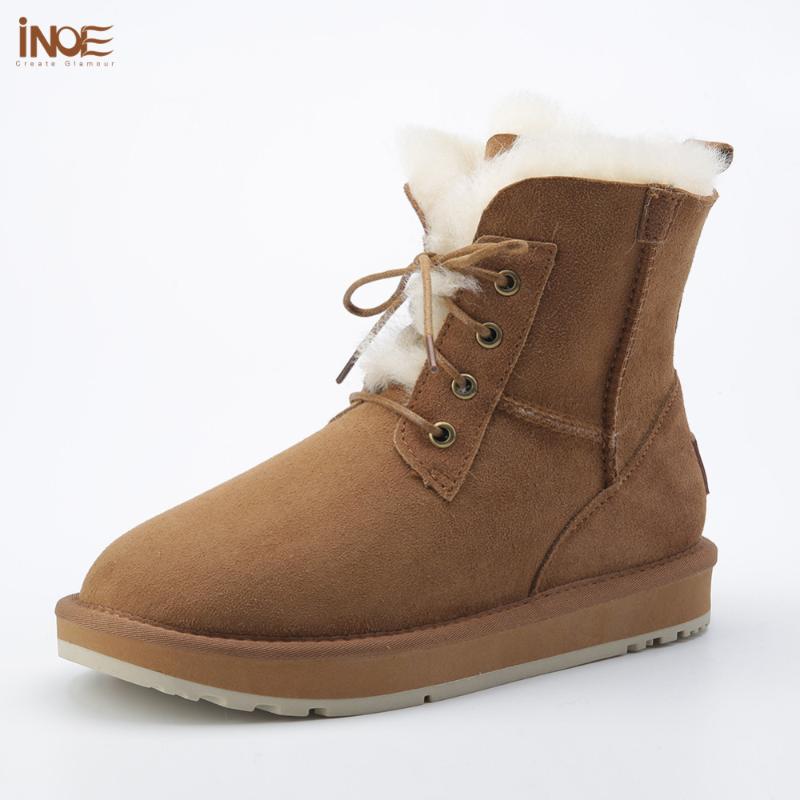 

new style fashion genuine sheepskin leather fur lined women ankle winter snow boots for ladies lace up casual winter shoes, Black