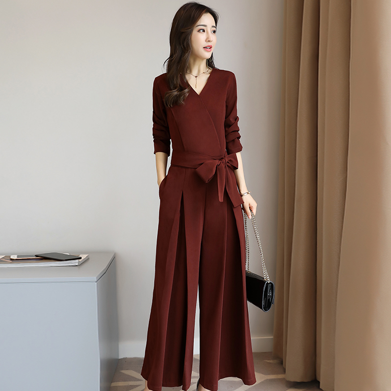 

2021 New Autumn new sexy solid woman's with sleeve-length V-neck bow tie elegant chic office overalls h00124, Khaki.