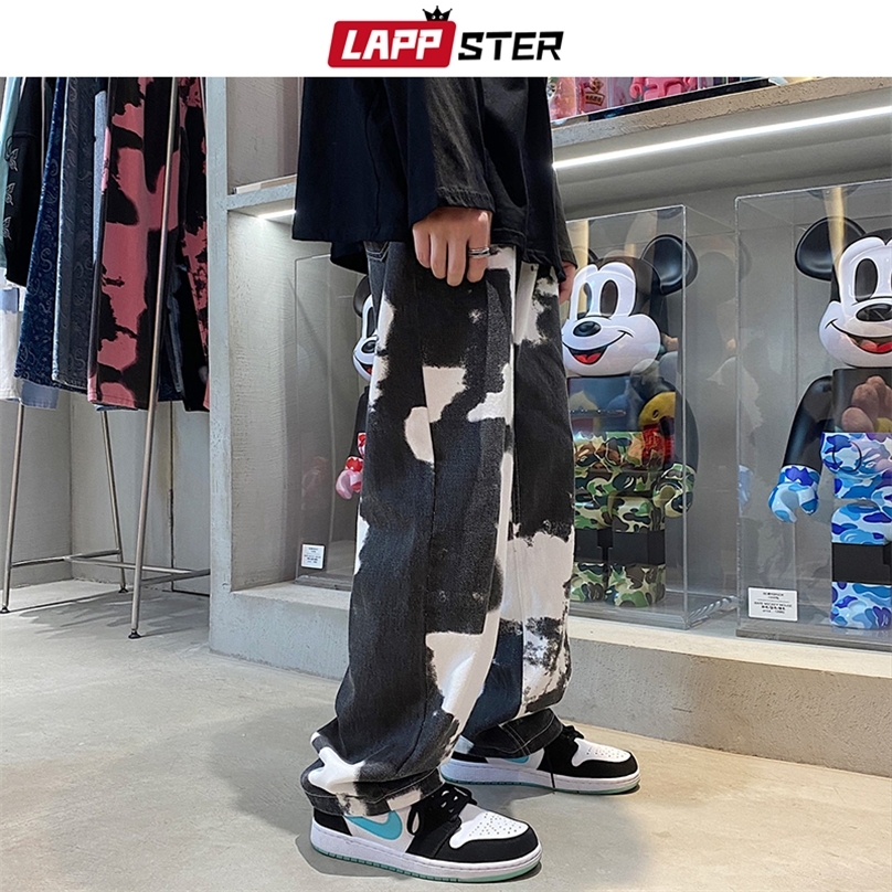 

LAPPSTER Men Y2k Tie Dye Baggy Jeans Pants Mens Vintage Japanese Streetwear Denim Trousers Male Kpop Causal Wide Leg 220308, No.3 black