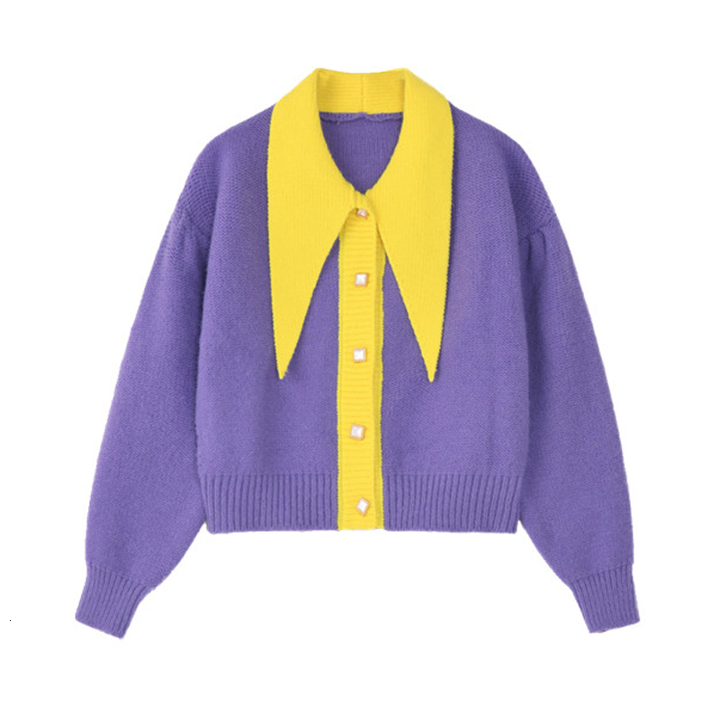 

2021 New Short Knit Sweater Turtleneck Turned Down Cardigan Cut Purple Green Outerwear Female Autumn Tops Xy5109 3427