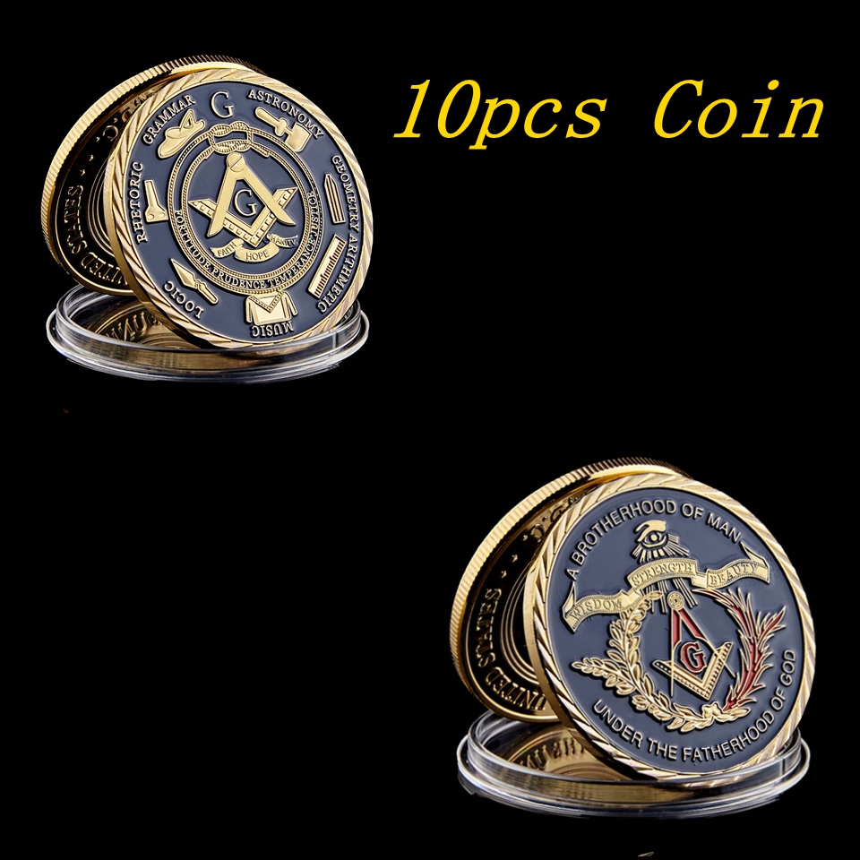 10pcs Brotherhood Freemasons Masonic Craft Gold Plated Coin Eye Golden Design Mason Token Coins Collection-image-592149099