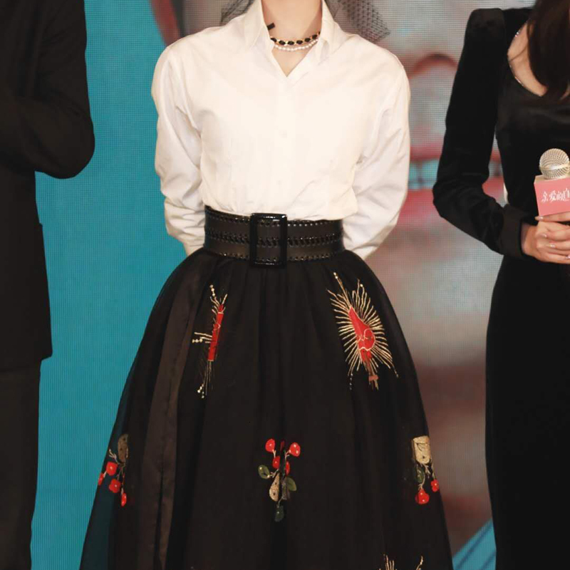 

Autumn Long-sleeved White Temperament Retro-embroidered Shirt Belt Organza Large Hem Stocking Skirt of High Quality Women Cuna, Multiple