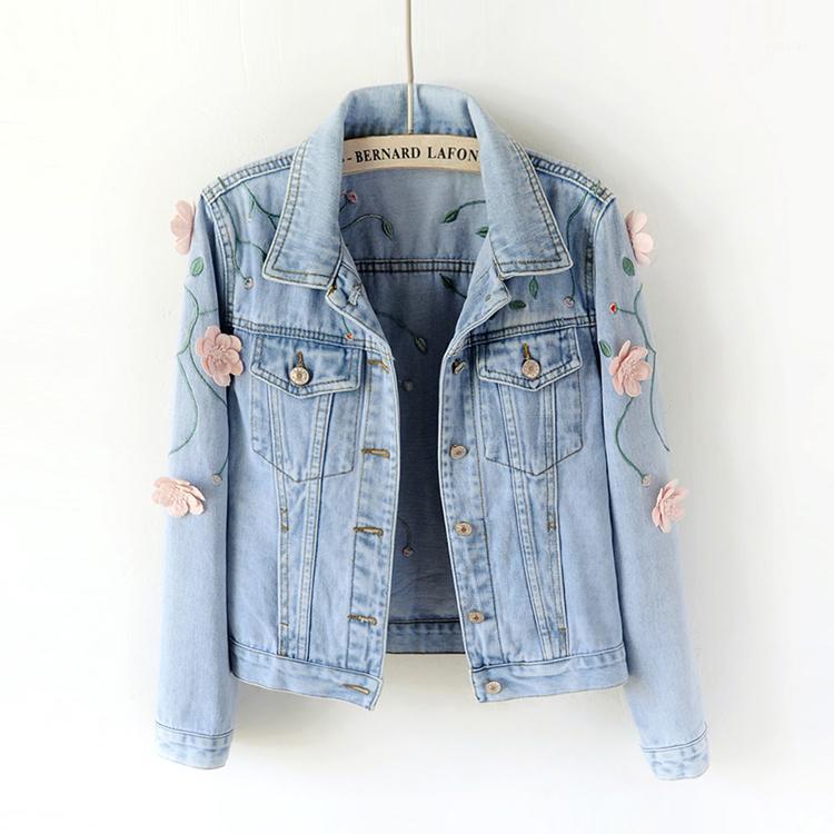 

women popular new 2020 Women Slim Embroidered Three-dimensional Flowers Long Sleeve Denim Jacket Women's1, Light blue