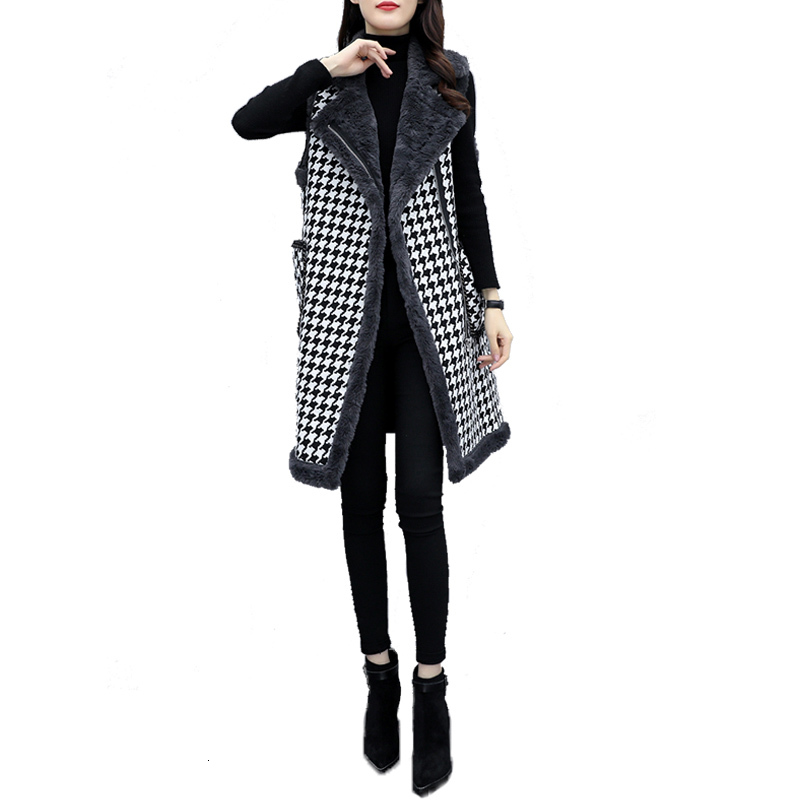 

2021 Women's Winter New Lamb Wool Cotton Mid-length Plus Size Jacket Fleece Vest Female Keep Warm Coat 5xla319 12m3, Houndstooth