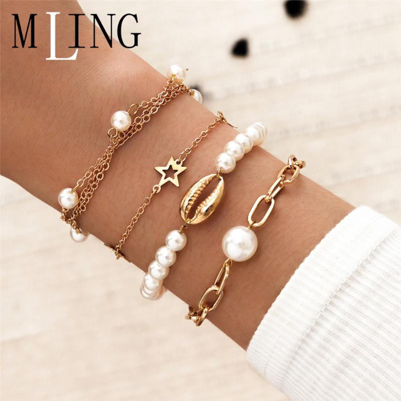 

MLING 4 Pcs/Set Vintage Gold Alloy Multi-layer Bracelet Set Bohemian Pearl Star Shell Bracelet for Women