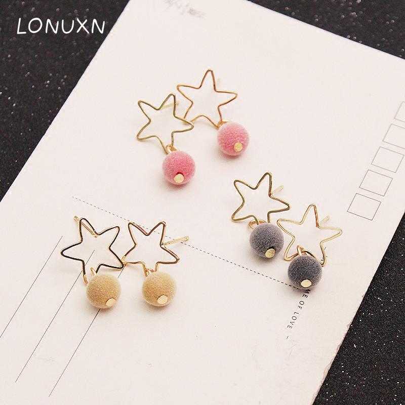 

2021 New Fashion Princess style pink/grey/red/black stars hollow tassel Ball Super Cute Fluffy Balls Pompon Earrings lovers gift