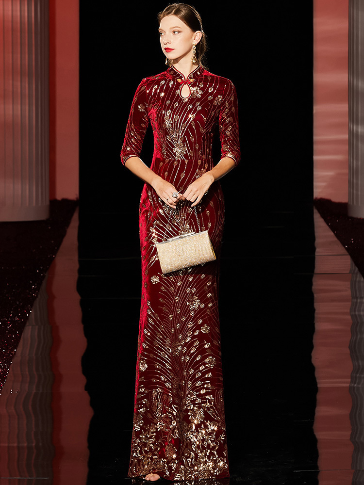 

Evening Dress Woman Gas Market Queen 2019 Temperament Banquet Red Small Stand Lead Cheongsam Type Dress, Wine red 11