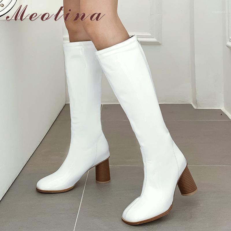 

Meotina Winter Knee High Boots Women Women Patent Leather Round High Heel Long Boots Zip Round Toe Shoes Lady Autumn Size 34-461, Black