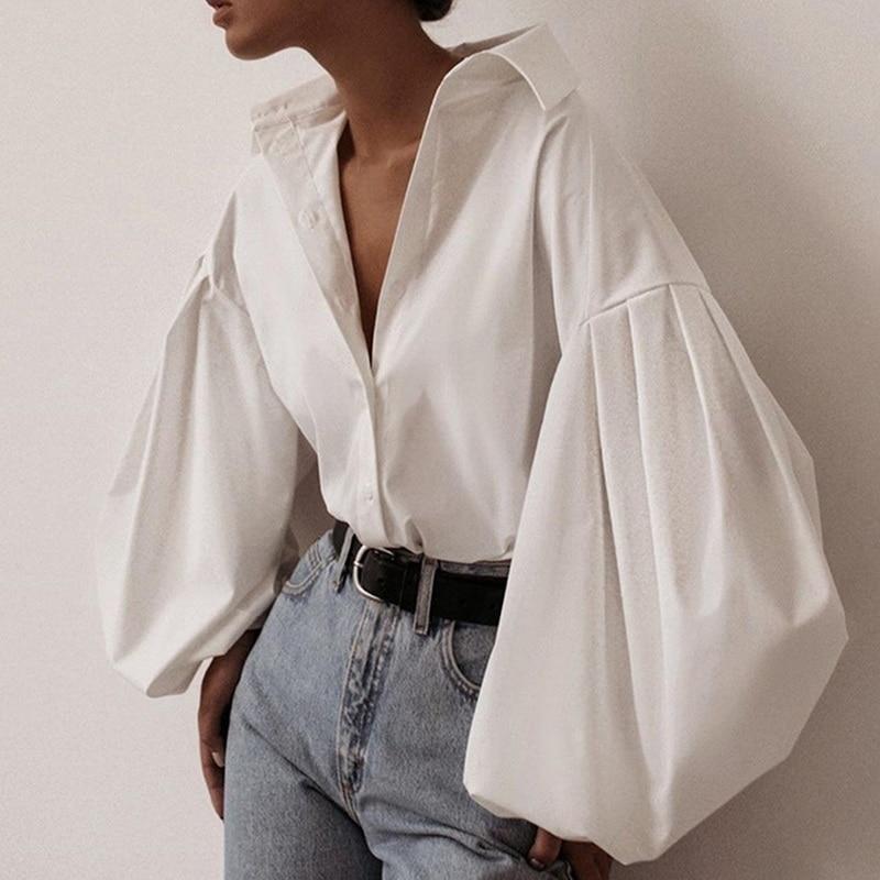 

11.11Sale Lantern Sleeve Fashion Shirt White Black Sexy Button Vintage Blouse Turn Down Collar Office Ladies Shirt Female Casual