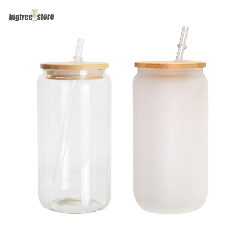 

16oz Sublimation Glass Beer Mugs Glass Water Bottle Beer Can Glass Tumbler Drinking Glasses With Bamboo Lid And Reusable Straw Iced Coffee Glasses 12oz 16oz, As picture