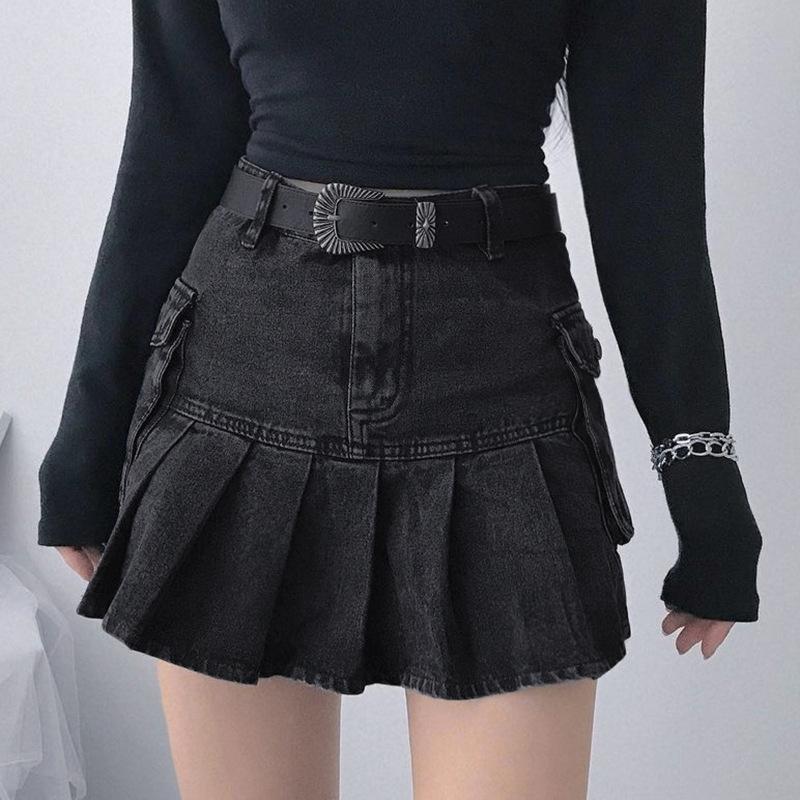 

Denim Pleated Skirt Women 2021 New Women Ins Line Side Pocket Sexy High Waist Gothic Mini Skirt, Black