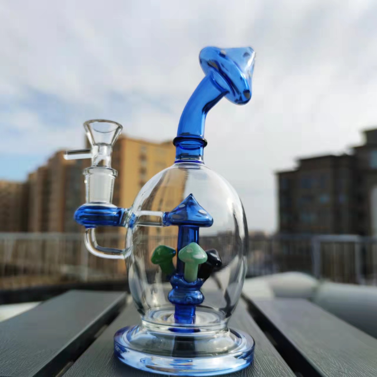 

8 INCH 20CM Blue Mushroom Recycler Glass Bong Water Pipes Hookah Joint Tobacco 14mm Bowl