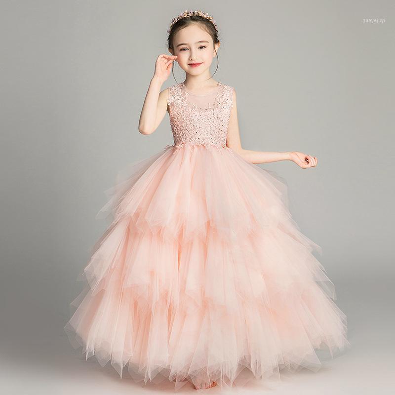 

2020 Princess Flower Girl Dresses Ball Gown Crystals Lace Appliques Top O Neck Sleeveless Ruffled Girls Dress1, Short white