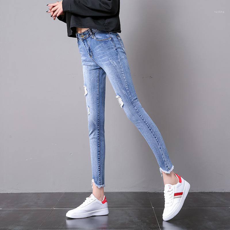 

2020 Spring New Net Red Jeans Female mm Korean Style Broken Hole Fashion Was Thin High Waist Light Color Tight Capri Leggings1, 02