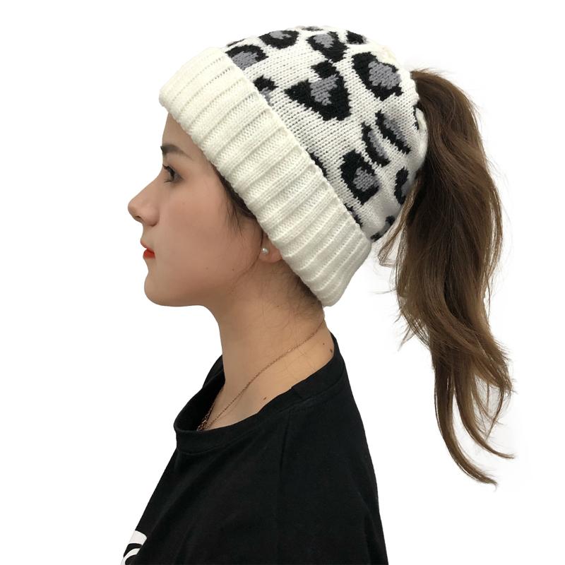 

Beanie/Skull Caps Fashion Women Ladies Winter Warm Hat Female Leopard Skull Cap With Messy Bun Hole, White