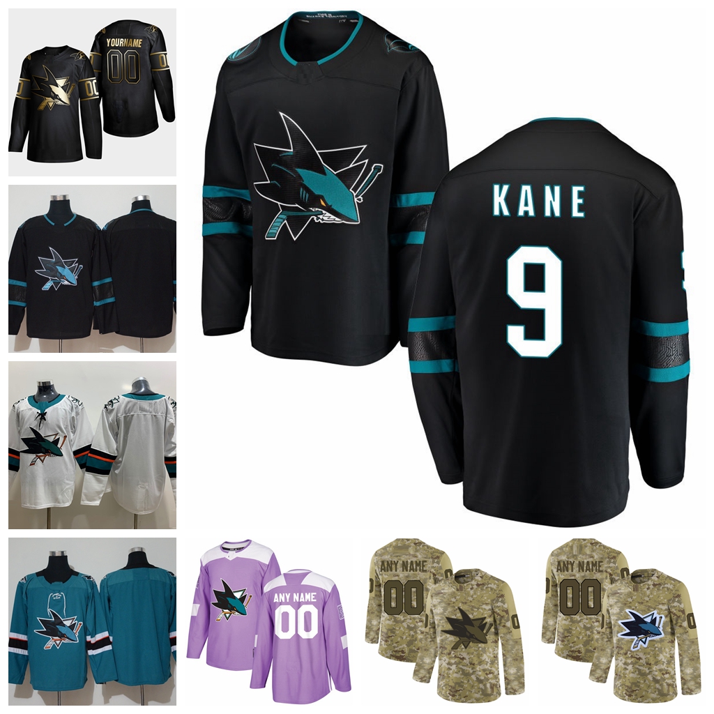 

2021 Customize #9 Evander Kane San Jose Sharks Jerseys Golden Edition Camo Veterans Day Fights Cancer Custom Stitched Hockey Jerseys, Black;red