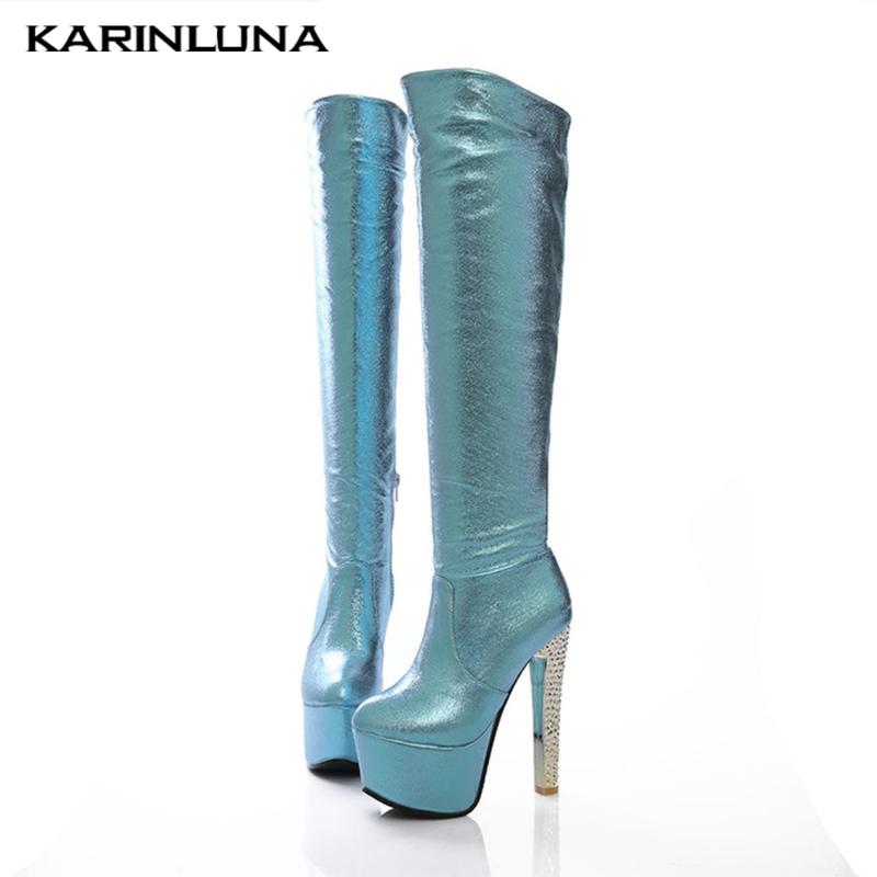

High Heels Autumn Winter Large Size 33-40 women shoes Crystal Thick Heels Platform Party Over-the-knee Boots, Blue