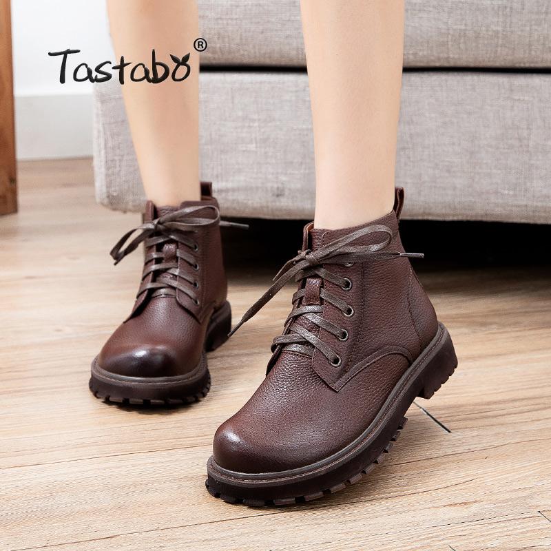 

2021 Vintage Style Genuine Leather Women Boots Flat Booties Soft Cowhide Women's Shoes Ankle Boots zapatos mujer S60502, Brown