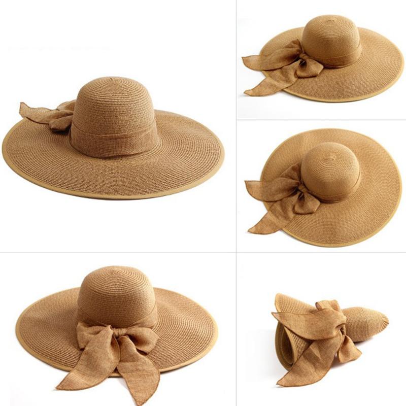 

Outdoor Sun Hat Solid Bowknot Design UV Protection Rollable Wide Brim Beach Cap Casual Travel Foldable Straw Lightweight Fashion, Beige