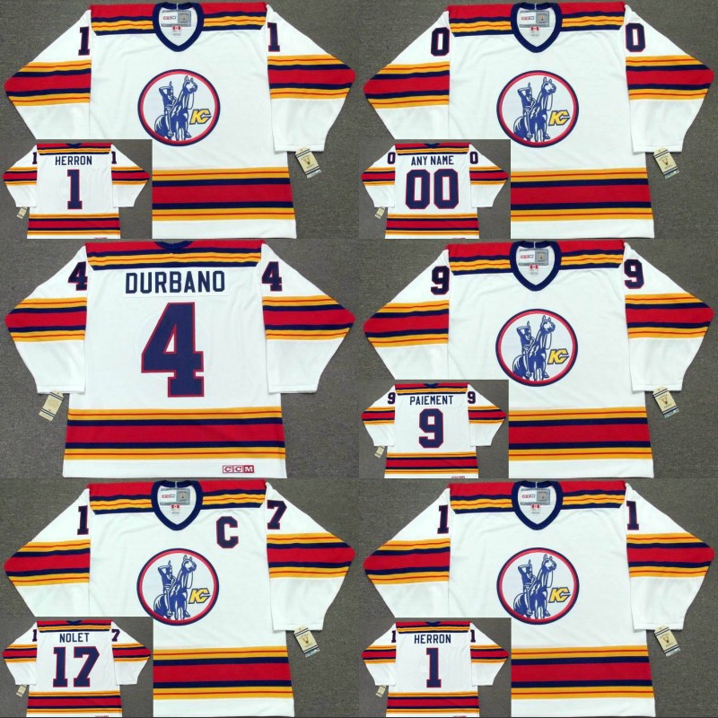 

Kansas City Scouts Jersey 1 DENIS HERRON 4 STEVE DURBANO 9 WILF PAIEMENT 17 SIMON NOLET 1975 Custom Hoceky Jerseys, Custom 1970's