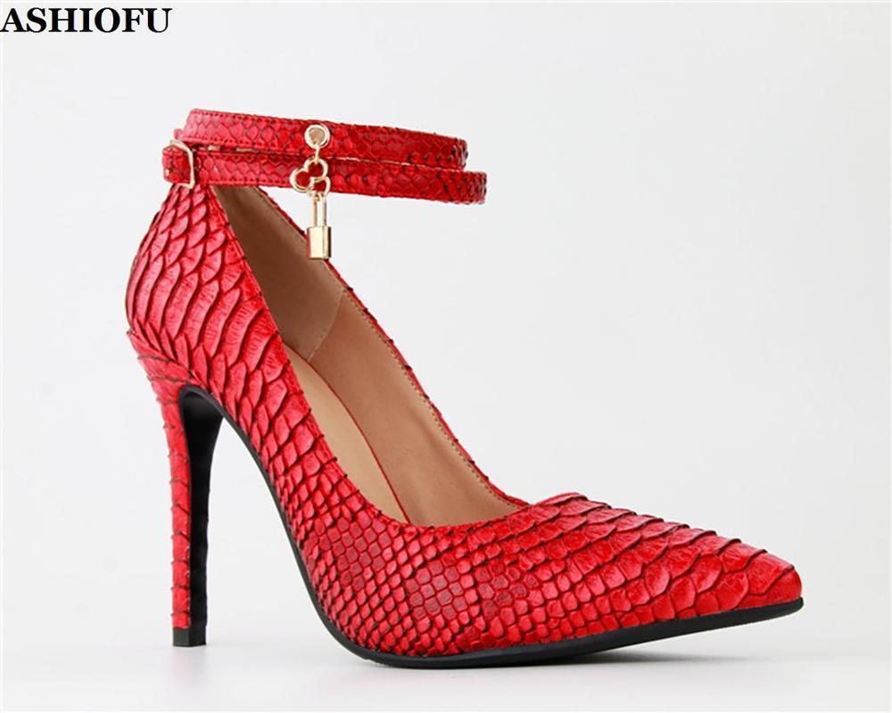 

ASHIOFU Handmade Ladies High Heel Pumps Real Photos Locker Buckle Ankle Strap Party Dress Shoes Fish-skins Style Fashion Shoes1, As pic