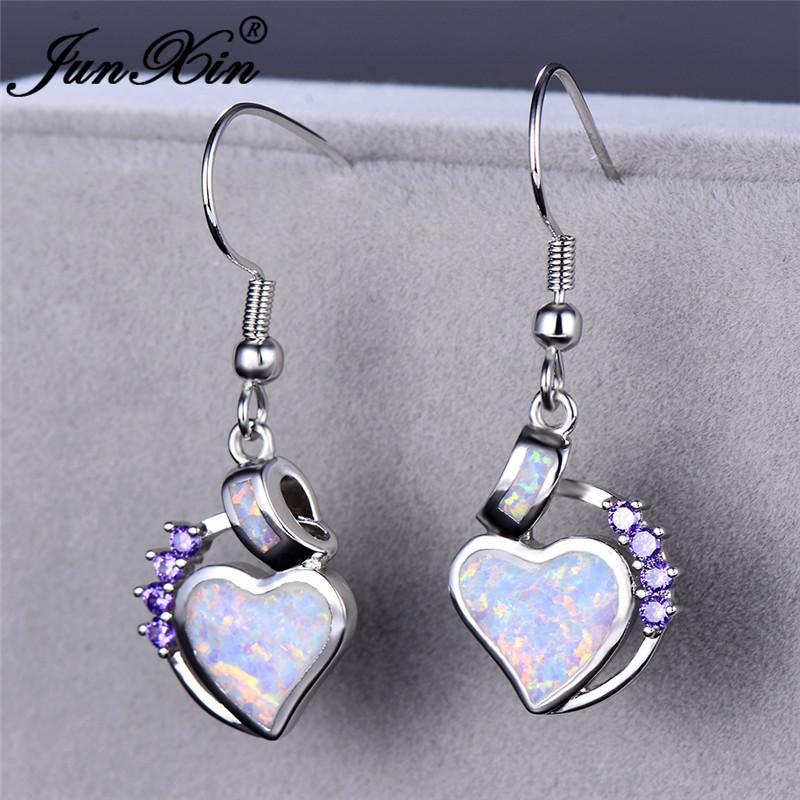 

JUNXIN Love Heart Dangle Blue White Fire Opal Drop Earrings For Women White Gold Filled Purple Zircon Birthstone Earrings Gift