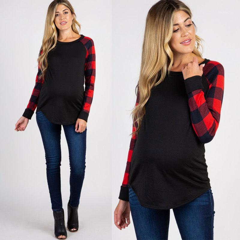 

Plaid Maternity Top For Pregnant Women Clothes Pregnancy T Shirts Long Sleeve Mother Clothing Spring Autumn Tee Maternity Wear1, Red