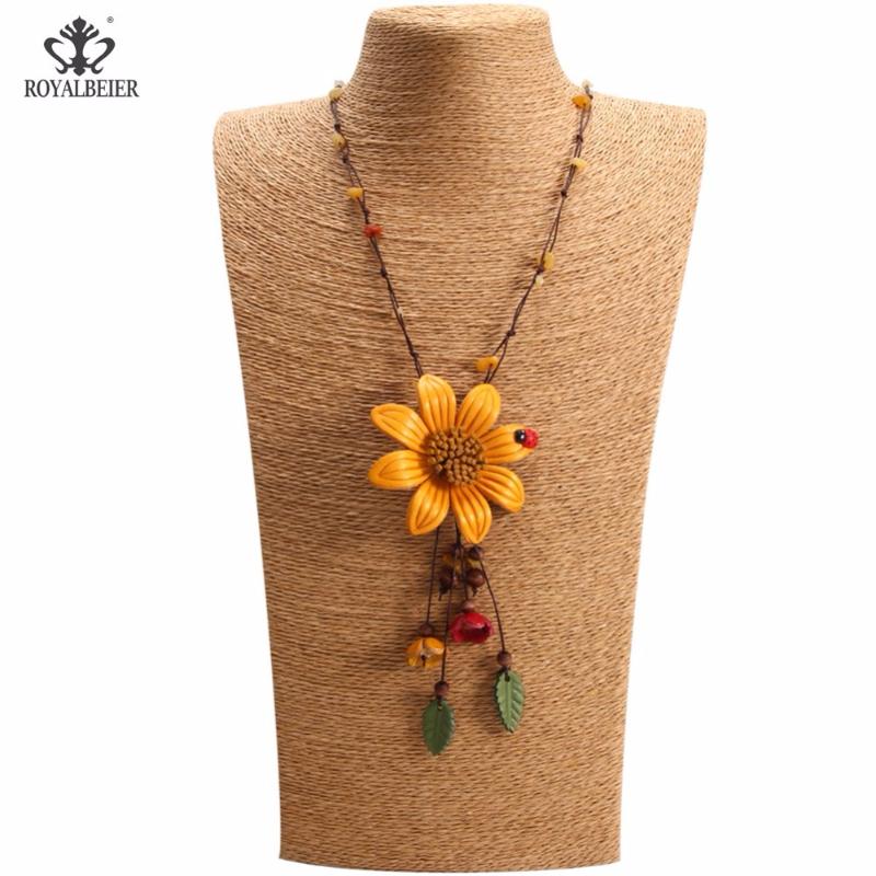 

RoyalBeier New Popular Women Jewelry Handmade Genuine Leather Flower Pendant Long Necklaces Bronze Jewelry Wholesale XL0148